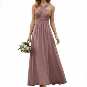 Azazie Old Rose‎ Ruched Wedding Guest Bridesmaid Dainty Flowy Long Dress Sz 12